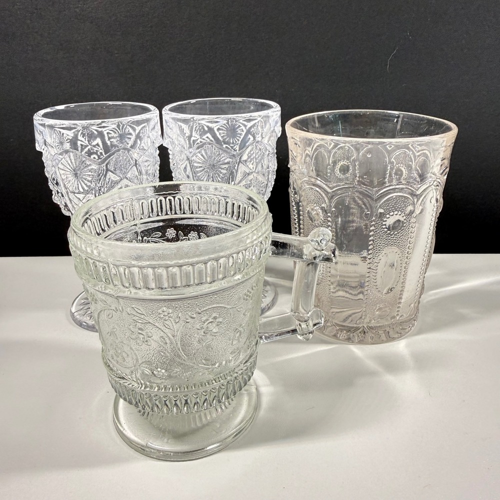 EAPG Vintage Clear Pressed Glass Drinkware Set 4pc Mug Tumbler Goblets Cup USA
